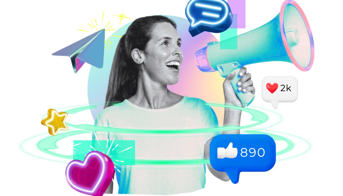 Femme entourée de symboles liés au marketing et à la communication.